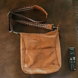 The Sak Tan Leather Messenger Bag with Patterned Strap